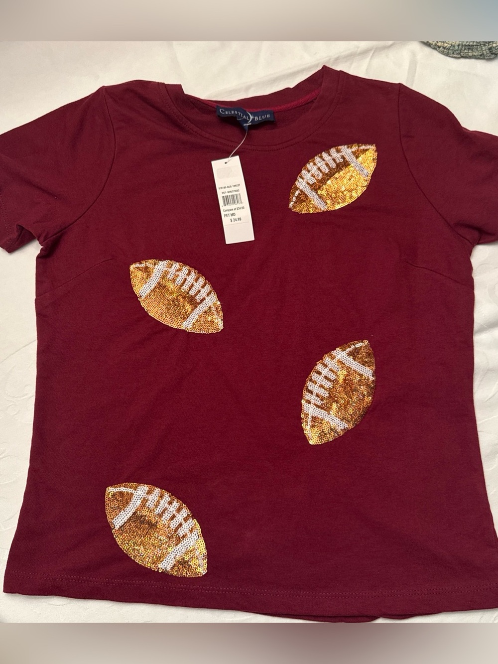 NWT Celestial BLUE Tee with Gold Sequin Footballs SIZE PETITE MEDIUM